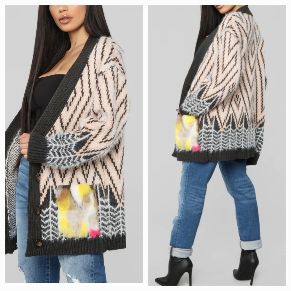 FASHION NOVA Feeling Groovy geometric striped colorful furry pocket cardigan